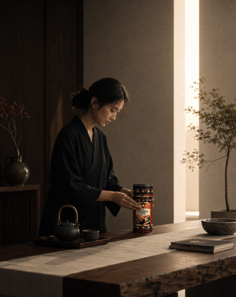 Korean woman presenting KORYO Absolute Schisandra Berry Herbal Tea packaging beside a traditional teapot in a minimalist interior.
