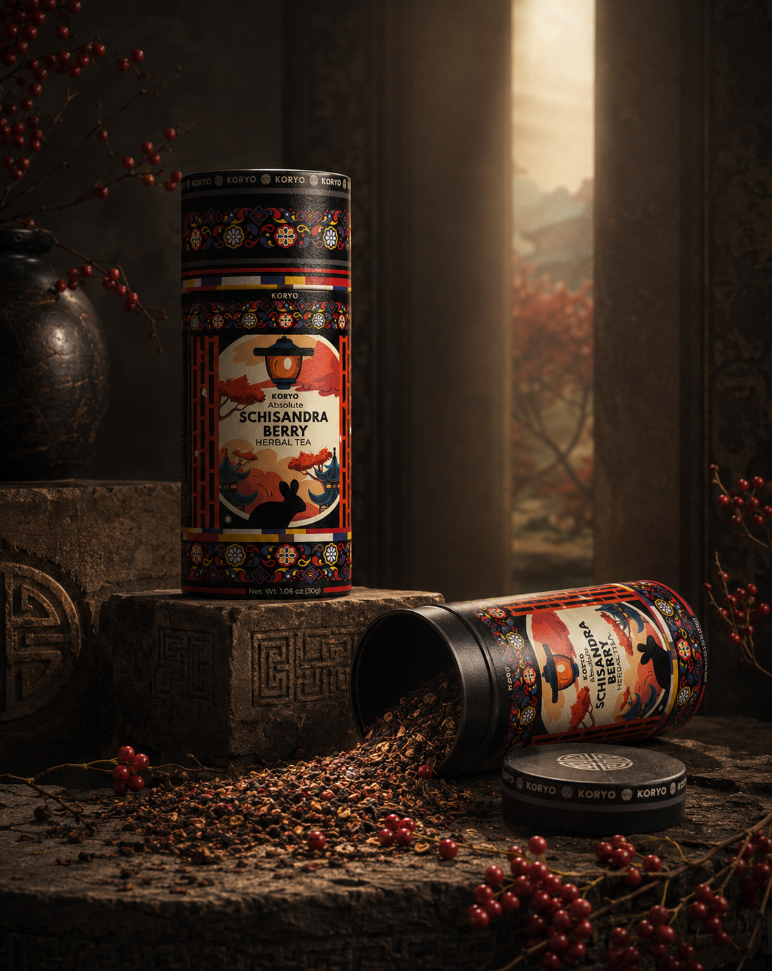 KORYO Schisandra Berry Herbal Tea packages displayed with loose tea and red berries in a Korean-inspired architectural setting.