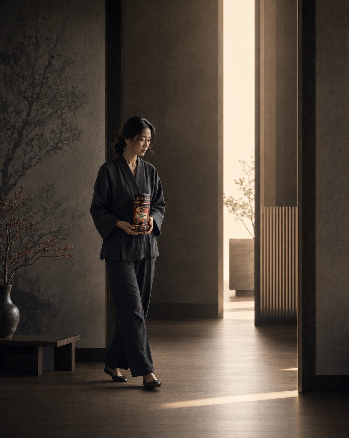 Korean woman carrying KORYO Absolute Schisandra Berry Herbal Tea packaging through a refined minimalist interior.