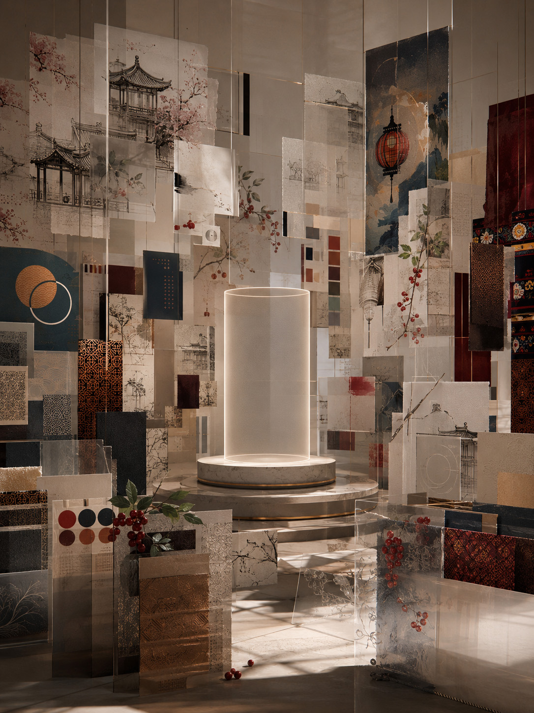 Conceptual KORYO design installation surrounding an illuminated empty cylinder with Korean-inspired architecture, botanical studies, ornament, color, typography, and material samples.