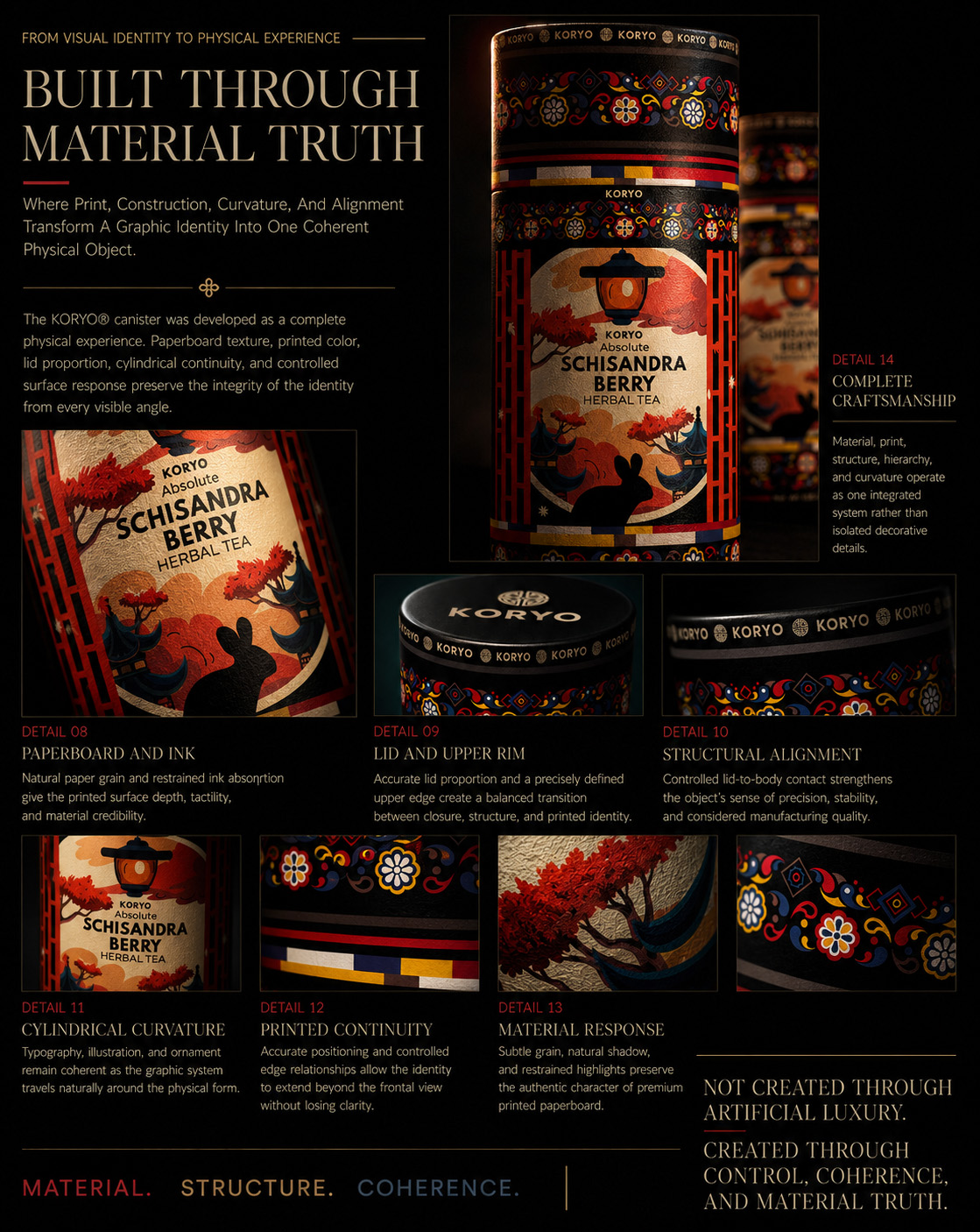 KORYO Schisandra Berry Herbal Tea packaging craftsmanship presentation showing paperboard, lid, structural alignment, curvature, print continuity, and material response.