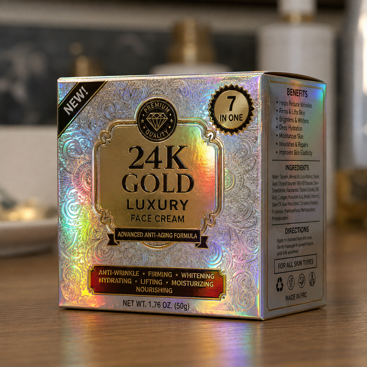 Holographic silver and gold face cream box with ornate patterns, metallic-style badges, decorative frames, multiple benefit claims, and a detailed side information panel.