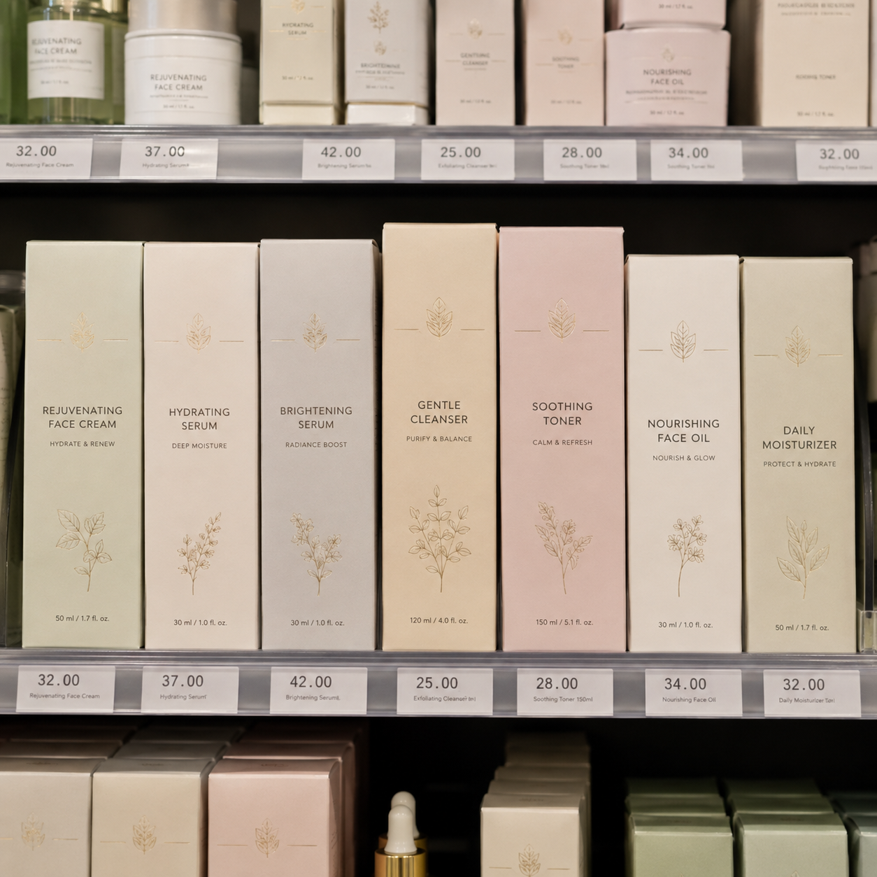 A retail shelf displaying multiple pastel skincare boxes with very similar layouts, subtle typography, and limited visual differentiation between products.