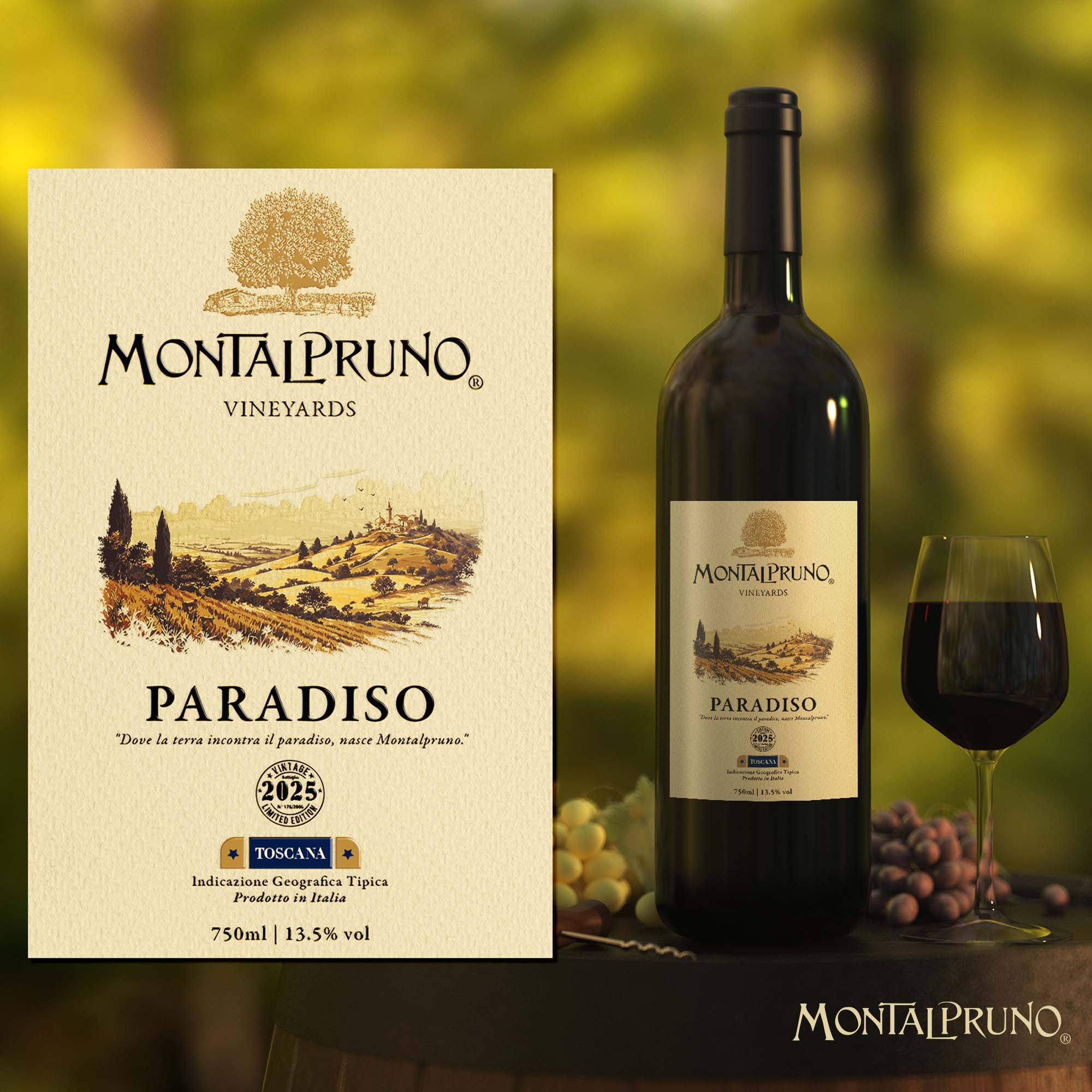 MontalPruno Paradiso wine packaging presentation showing a large label design beside a dark wine bottle and a filled wine glass against a warm vineyard-style background.