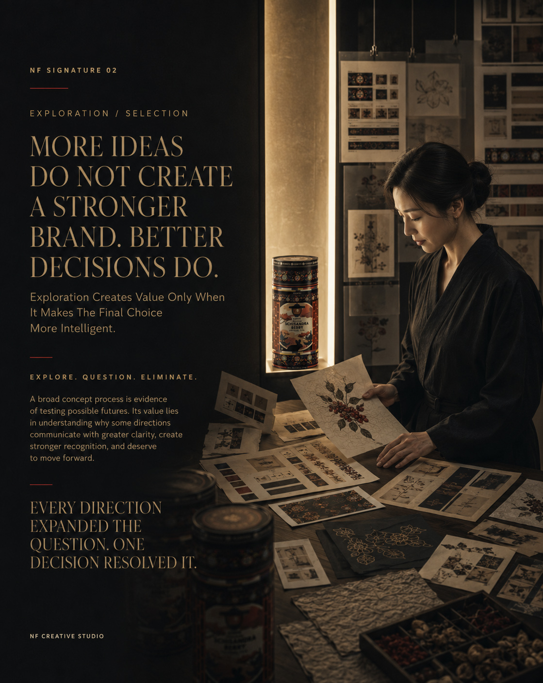 NF Creative Studio Signature 02 showing the KORYO packaging concept-selection process, design research, ornamental studies, and final tea package.