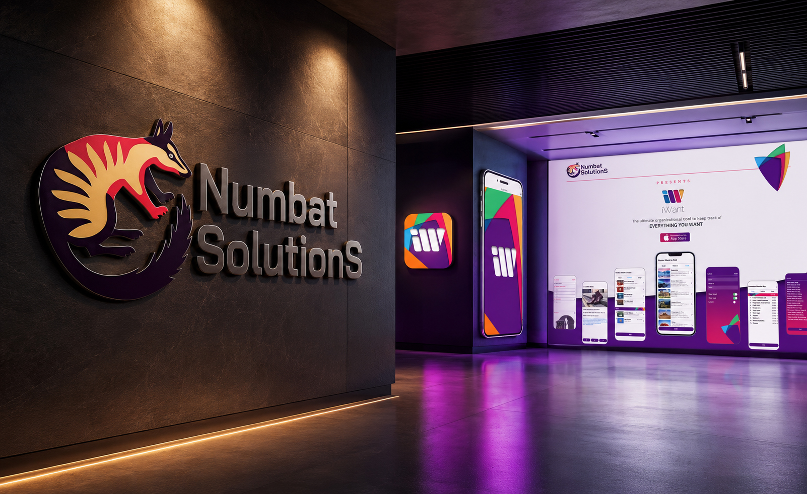 Numbat Solutions corporate logo displayed beside the colorful iWant mobile app identity, product screens, and digital website presentation.