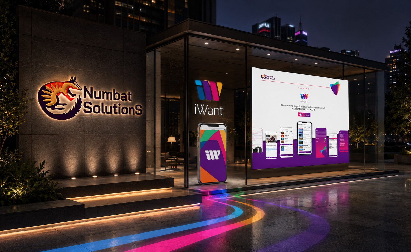 Numbat Solutions corporate identity connected by colorful pathways to the iWant app icon, mobile product screens, and digital website presentation.
