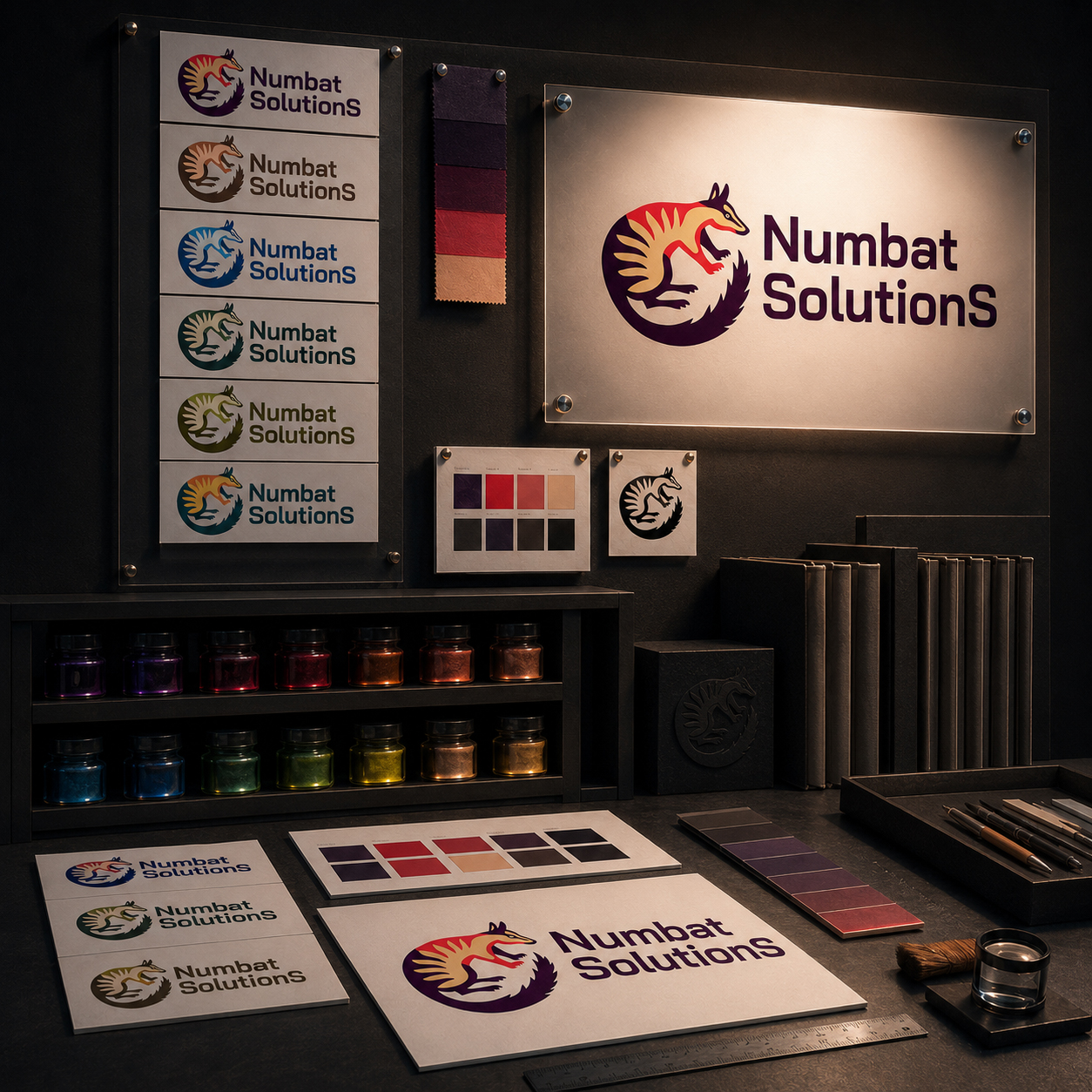 Numbat Solutions logo color exploration showing multiple identity variations, the selected purple, red, and gold logo, palette studies, monochrome mark, and print applications.