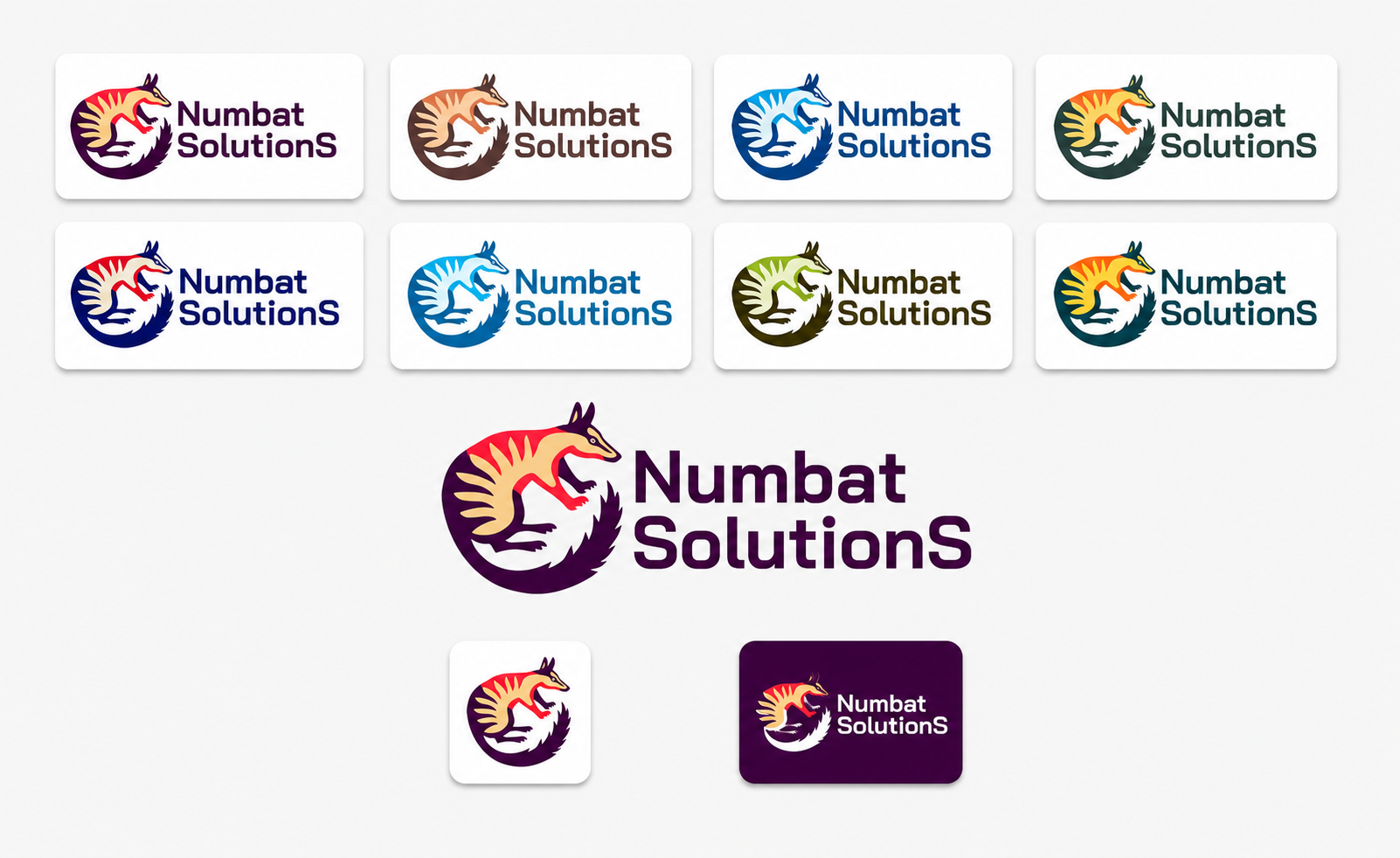 Eight Numbat Solutions logo color variations displayed above the selected purple, red, and gold identity with standalone symbol and reversed application.