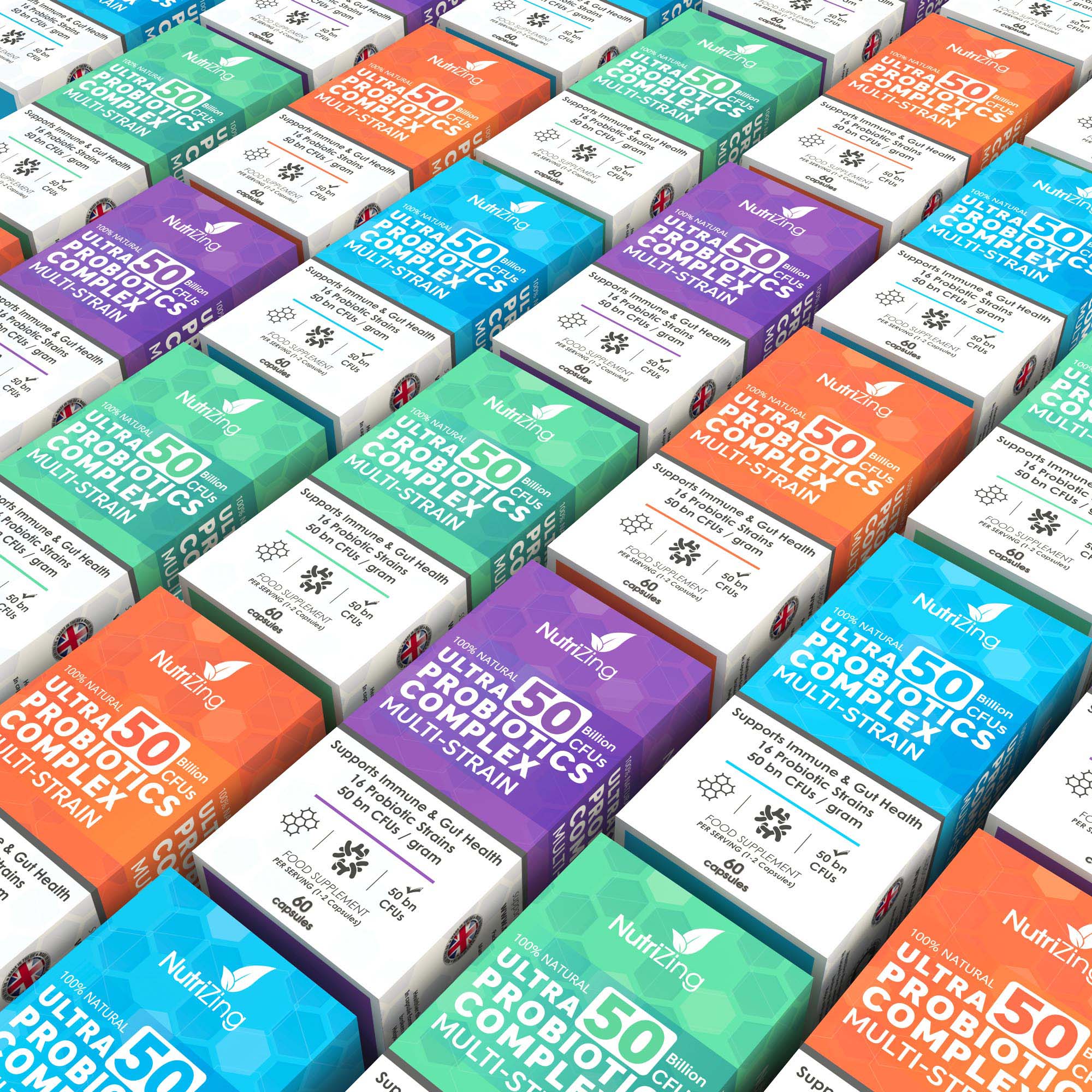 A group of colorful NutriZing probiotic supplement boxes arranged in a repeated product range layout, showing consistent branding, clear hierarchy, and distinct variant color coding.