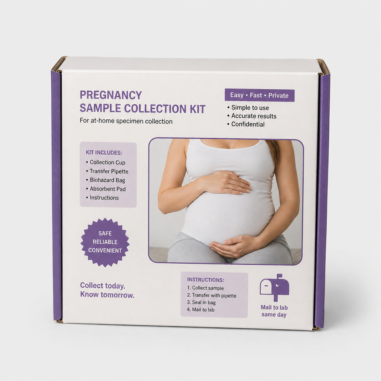 White and purple pregnancy sample collection kit packaging with product information, instruction panels, and a photograph of a pregnant woman.