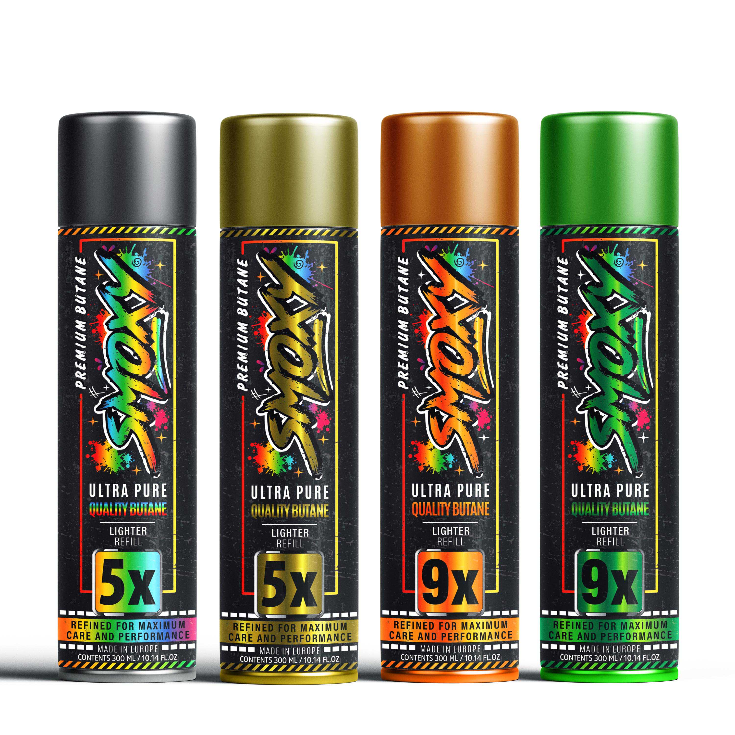 Four premium butane lighter refill cans with coordinated black packaging and distinct black, gold, orange, and green variant colors.