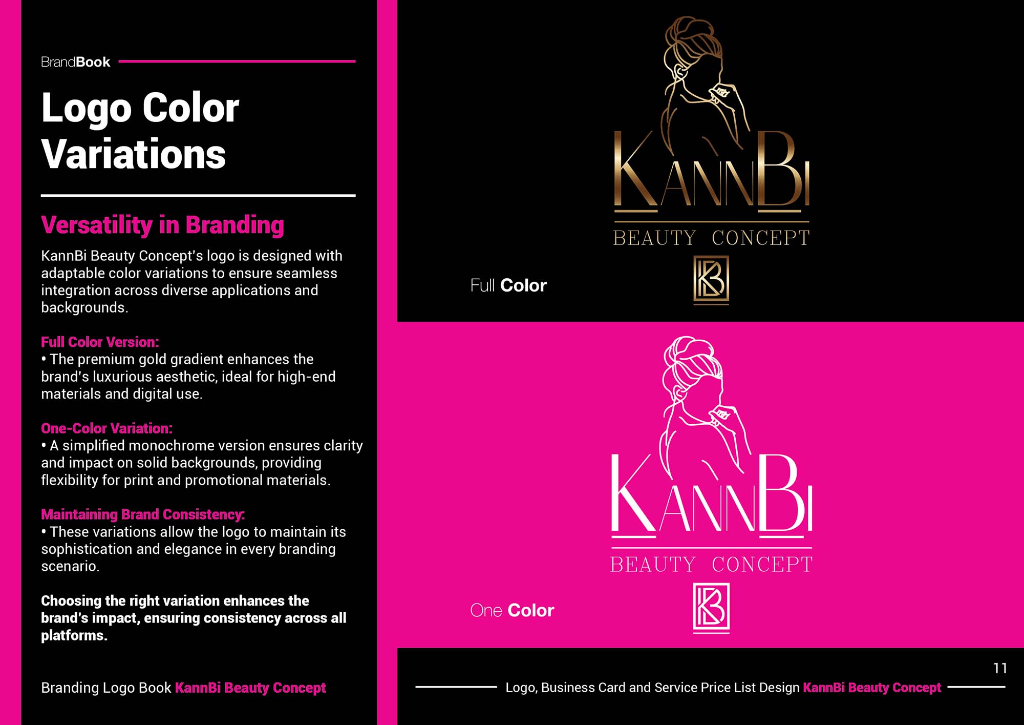 KannBi Beauty Concept logo color variations showing the primary gold treatment and a simplified one-color version applied on contrasting backgrounds.