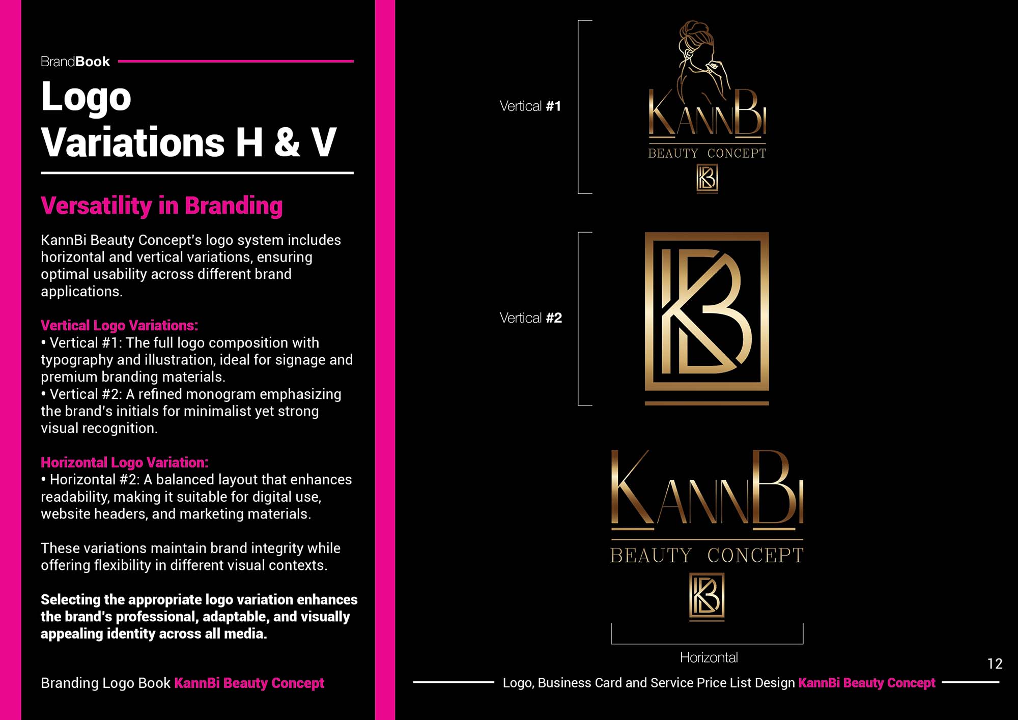 KannBi Beauty Concept logo system showing full vertical, compact monogram, and horizontal logo variations designed for different spatial formats.