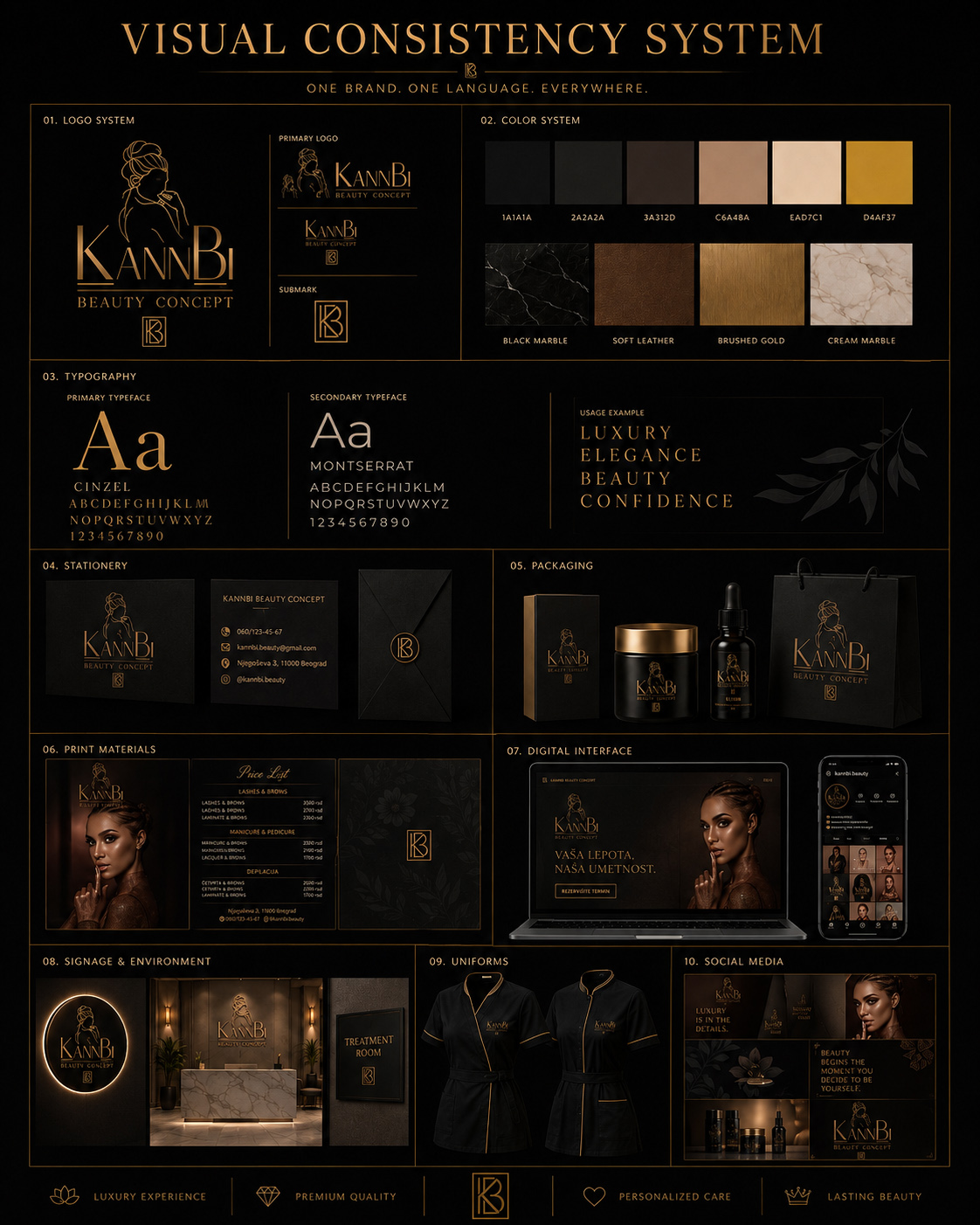 KannBi Beauty Concept visual consistency system showing logo, color, typography, stationery, packaging, print materials, digital interfaces, signage, uniforms, and social media applications.