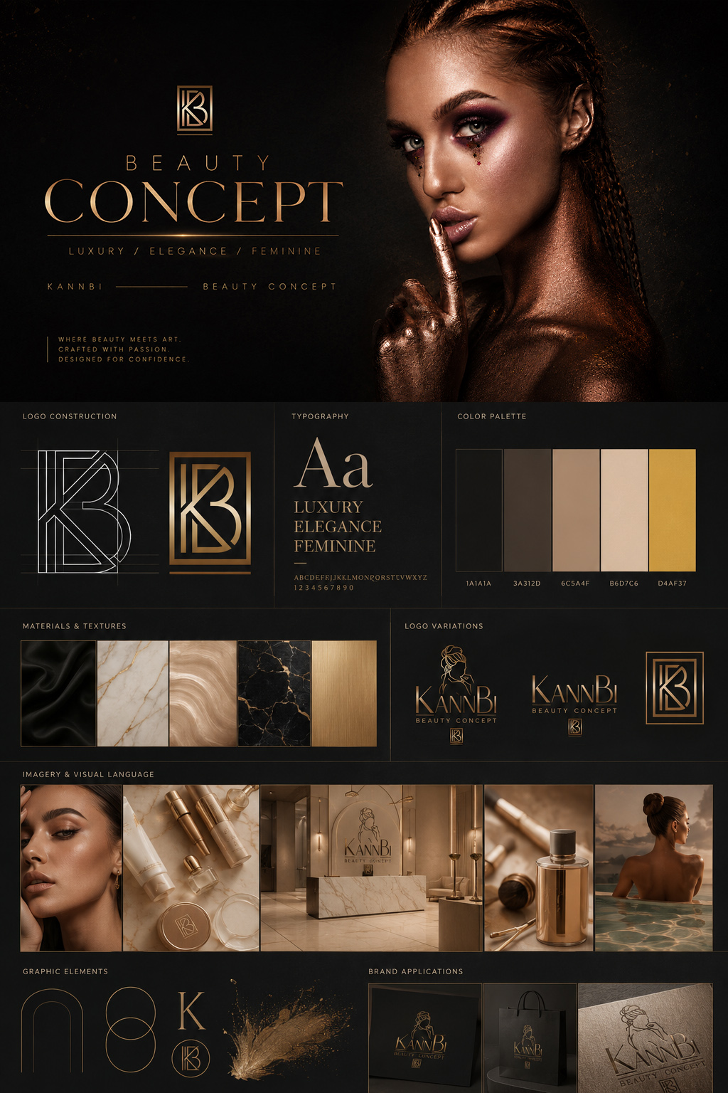 KannBi Beauty Concept visual identity presentation showing logo construction, typography, color palette, materials, imagery, logo variations, graphic elements, and brand applications.