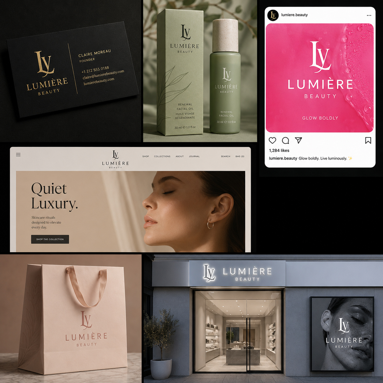 Lumière Beauty brand presentation showing the same logo across business cards, skincare packaging, social media, website, shopping bag, and retail signage with different visual treatments.