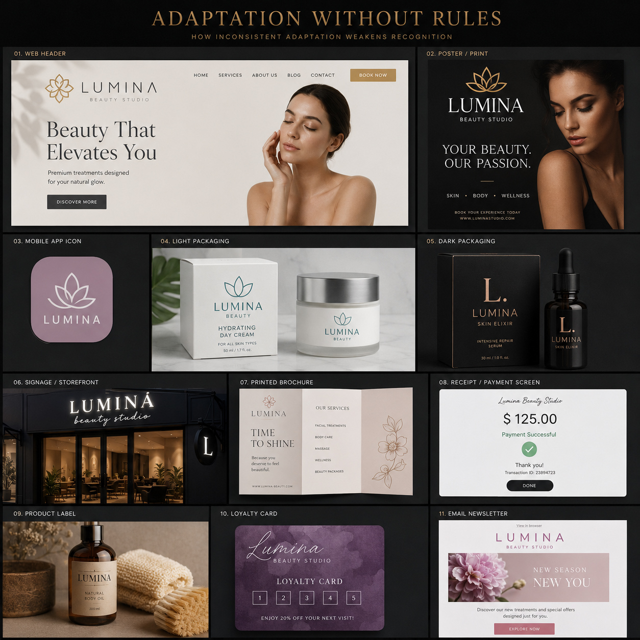 Premium-looking Lumina Beauty Studio brand presentation showing inconsistent logo, typography, color, packaging, signage, web, and mobile applications across multiple formats.