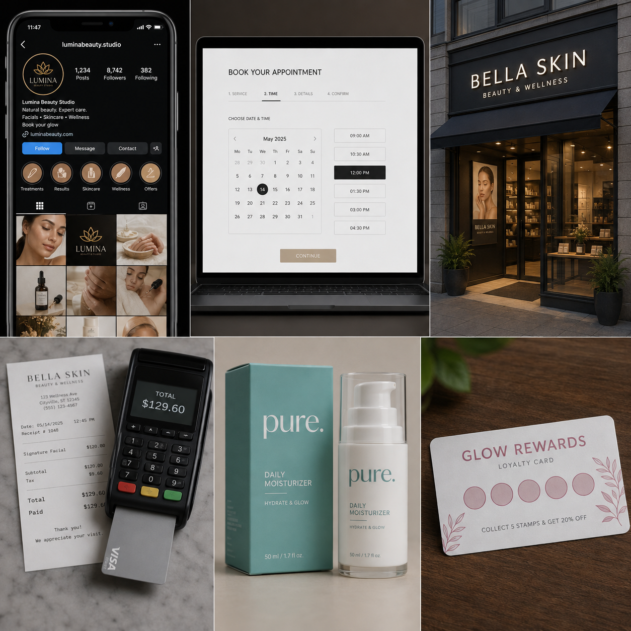 Premium-looking beauty and wellness brand presentation showing inconsistent customer journey touchpoints including social media, booking screen, storefront, payment receipt, packaging, and loyalty card.