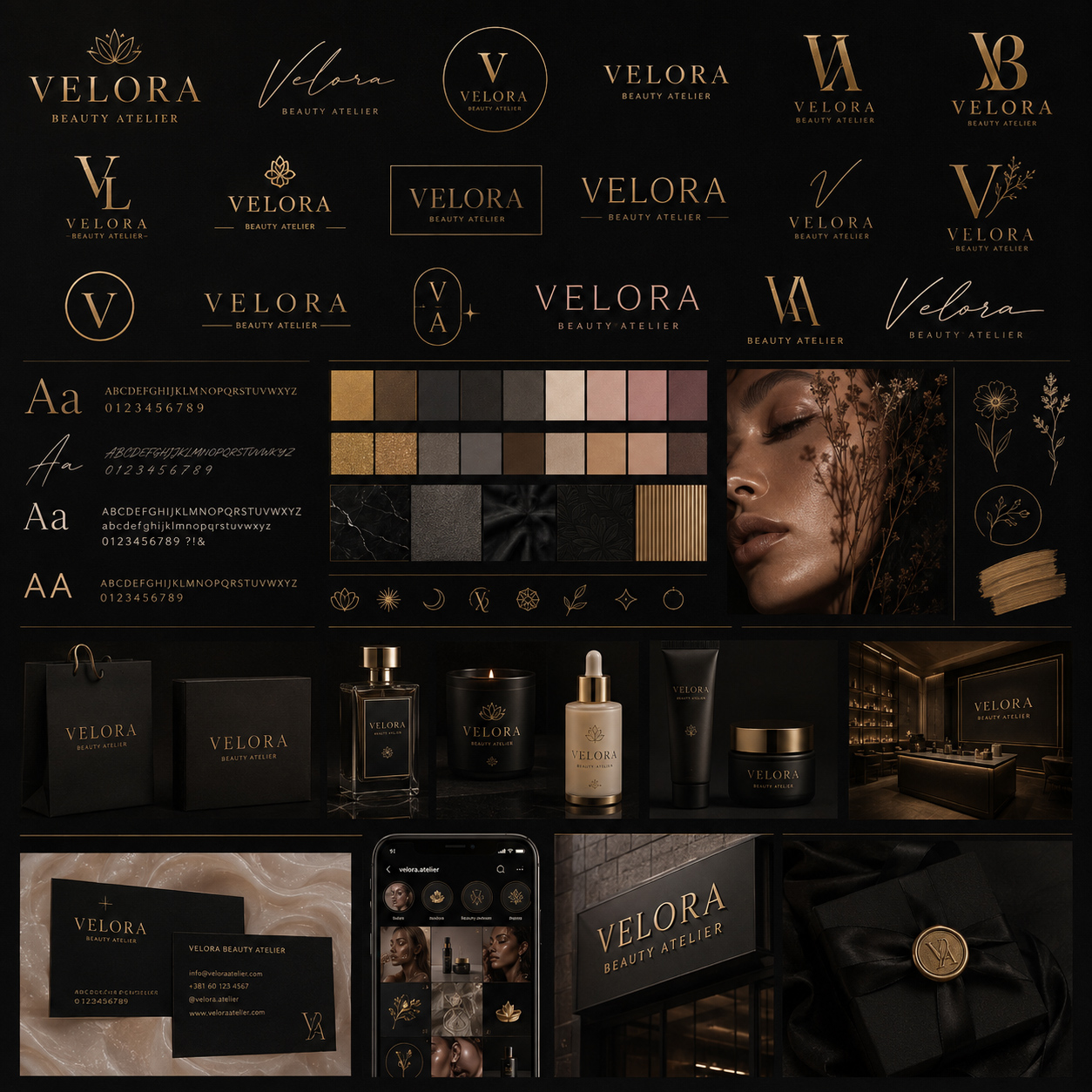 Velora Beauty Atelier brand identity presentation showing multiple logo variations, typefaces, color palettes, textures, packaging, signage, and digital applications.