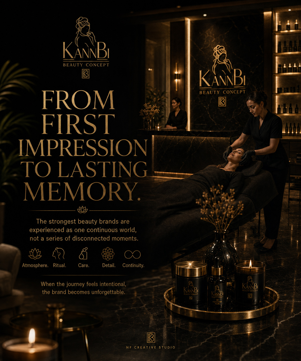 KannBi Beauty Concept closing editorial visual showing a premium beauty treatment environment, branded products, interior signage, and a continuous black-and-gold visual identity.