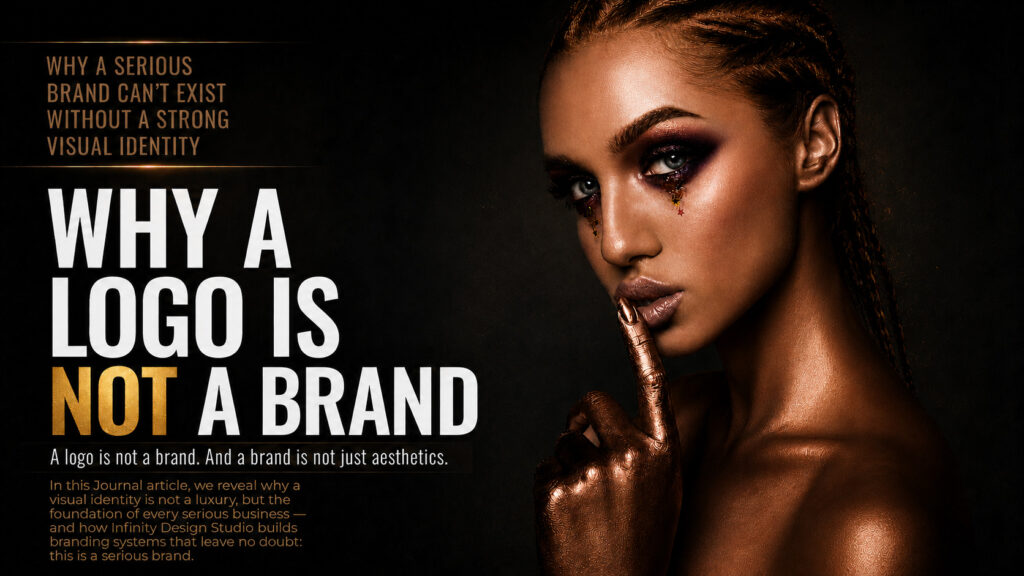 Wide Why A Logo Is Not A Brand Journal cover with a bronze-toned beauty portrait beside bold editorial typography about visual identity.