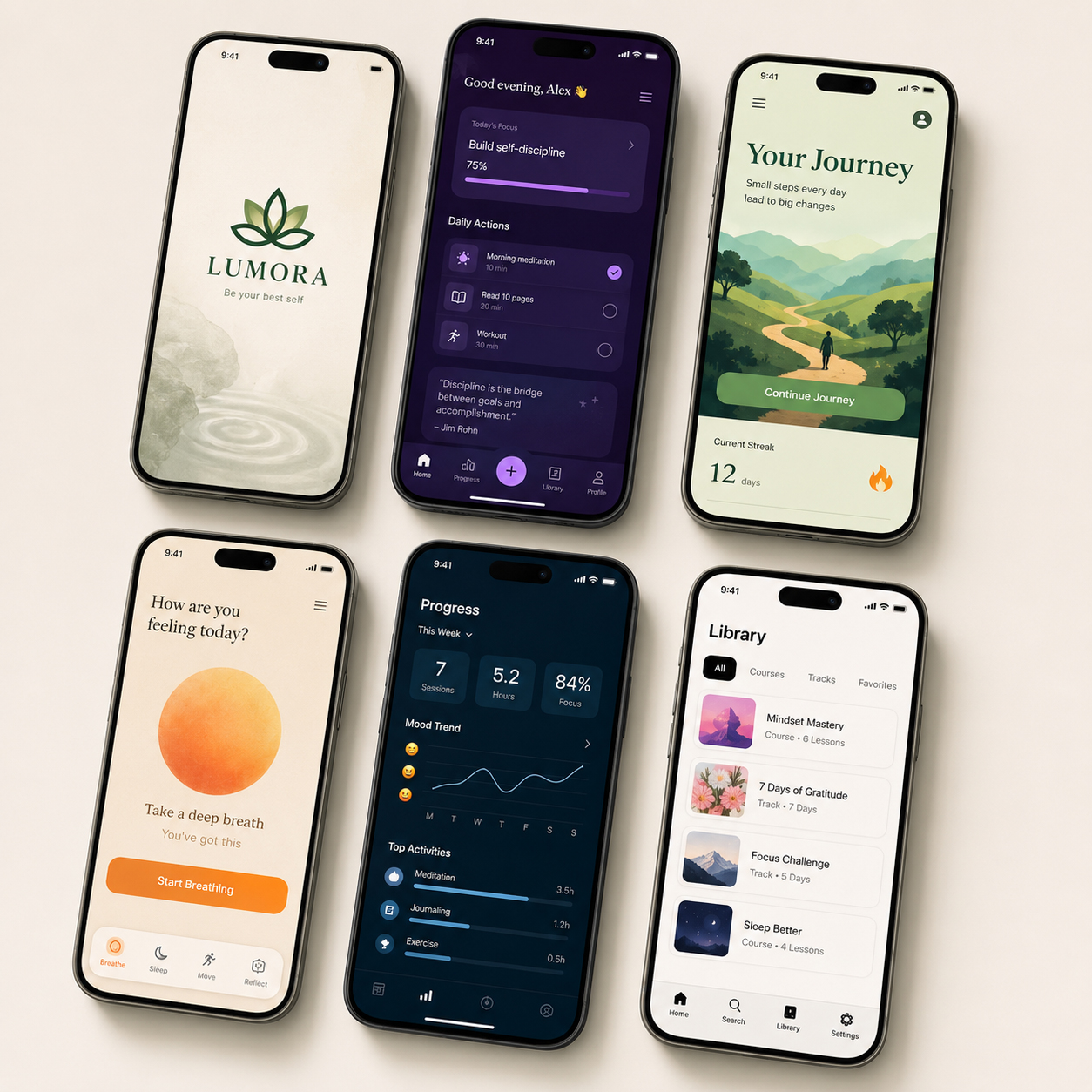 Mobile app interface presentation showing six screens with conflicting green, purple, orange, blue, illustrated, and white visual styles within the same product.