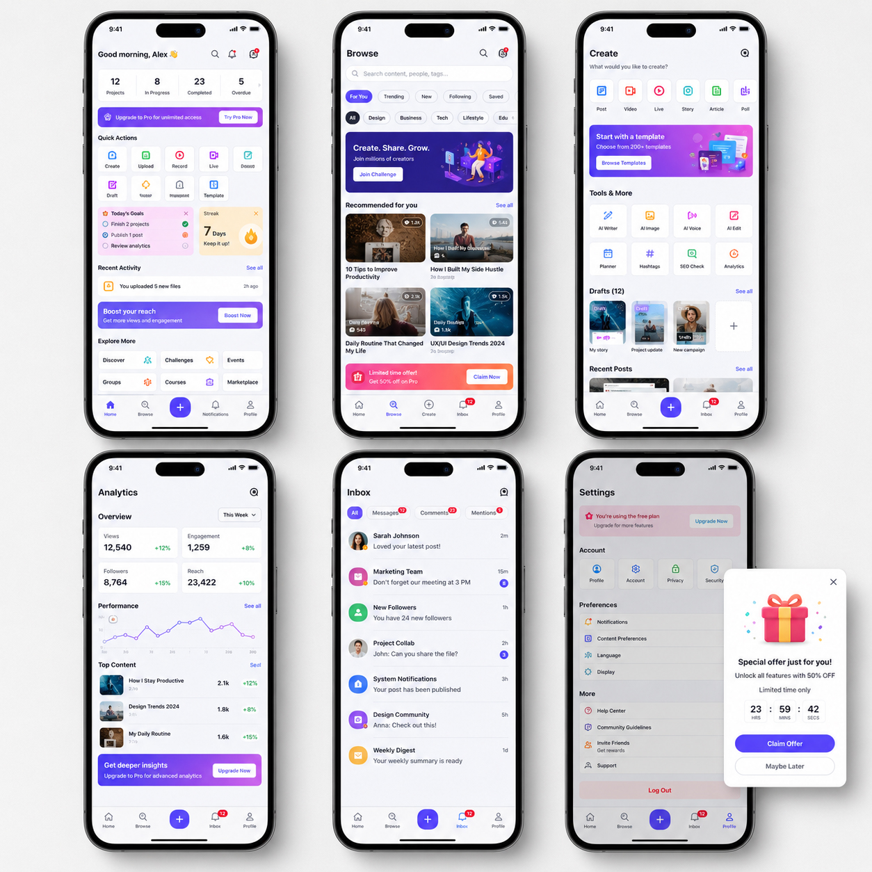 Mobile app interface presentation showing multiple screens with dashboards, browsing, creation tools, analytics, inbox, settings, banners, notifications, and promotional popups without a clear primary user path.