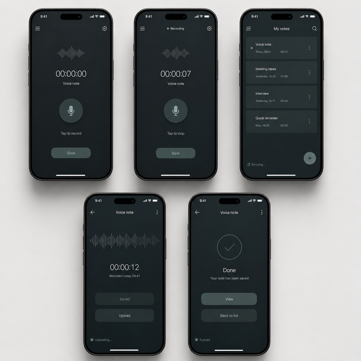 Mobile app interface example showing similar visual states for ready to record, active recording, note saving, uploading, syncing, and completed confirmation.