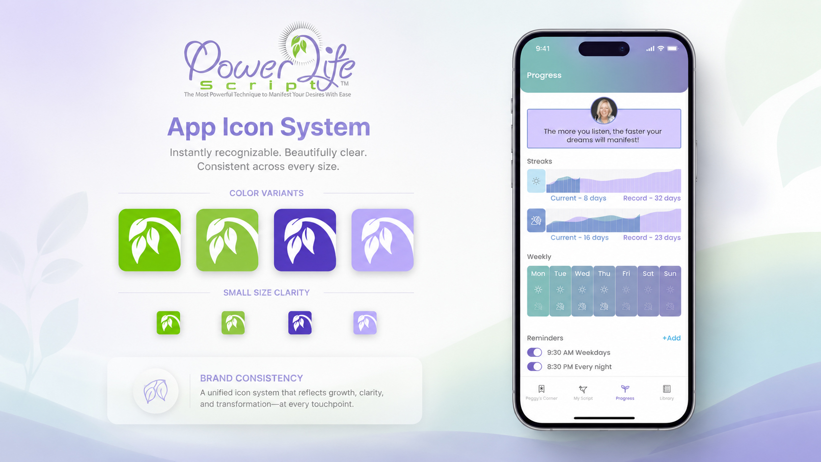 Power Life Script® app icon system showing green and purple color variants, small-size icon clarity, and the final icon applied within the mobile app interface.