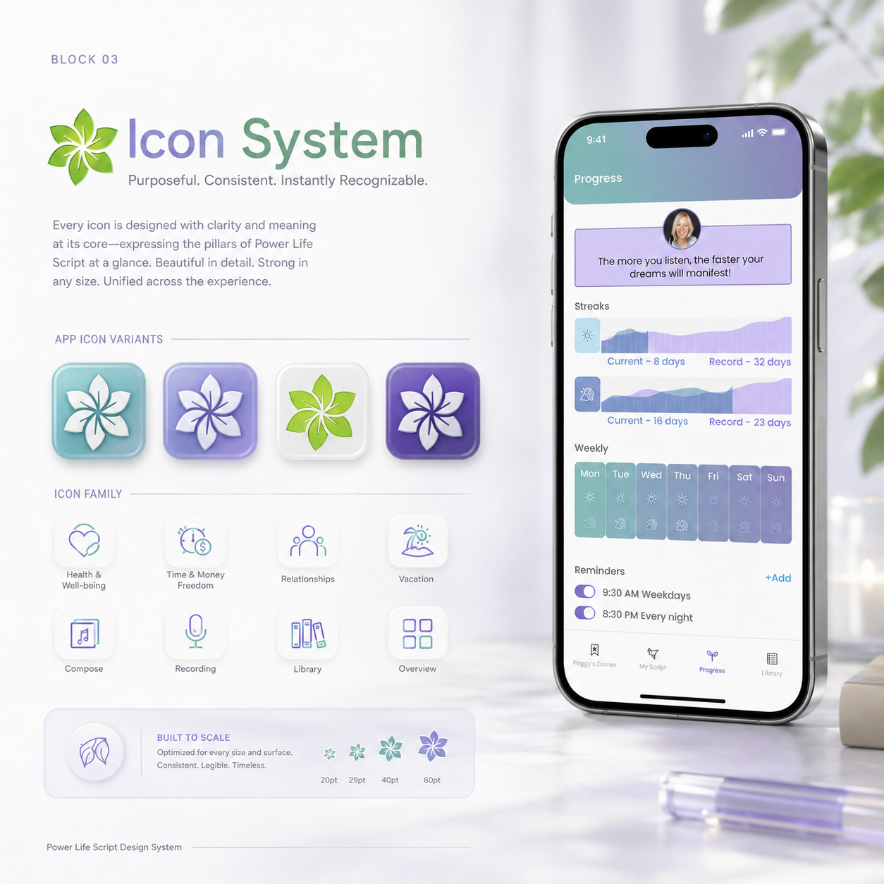 Power Life Script® app icon system showing multiple icon variants, a coordinated icon family, small-size scalability, and final application within the Progress interface.