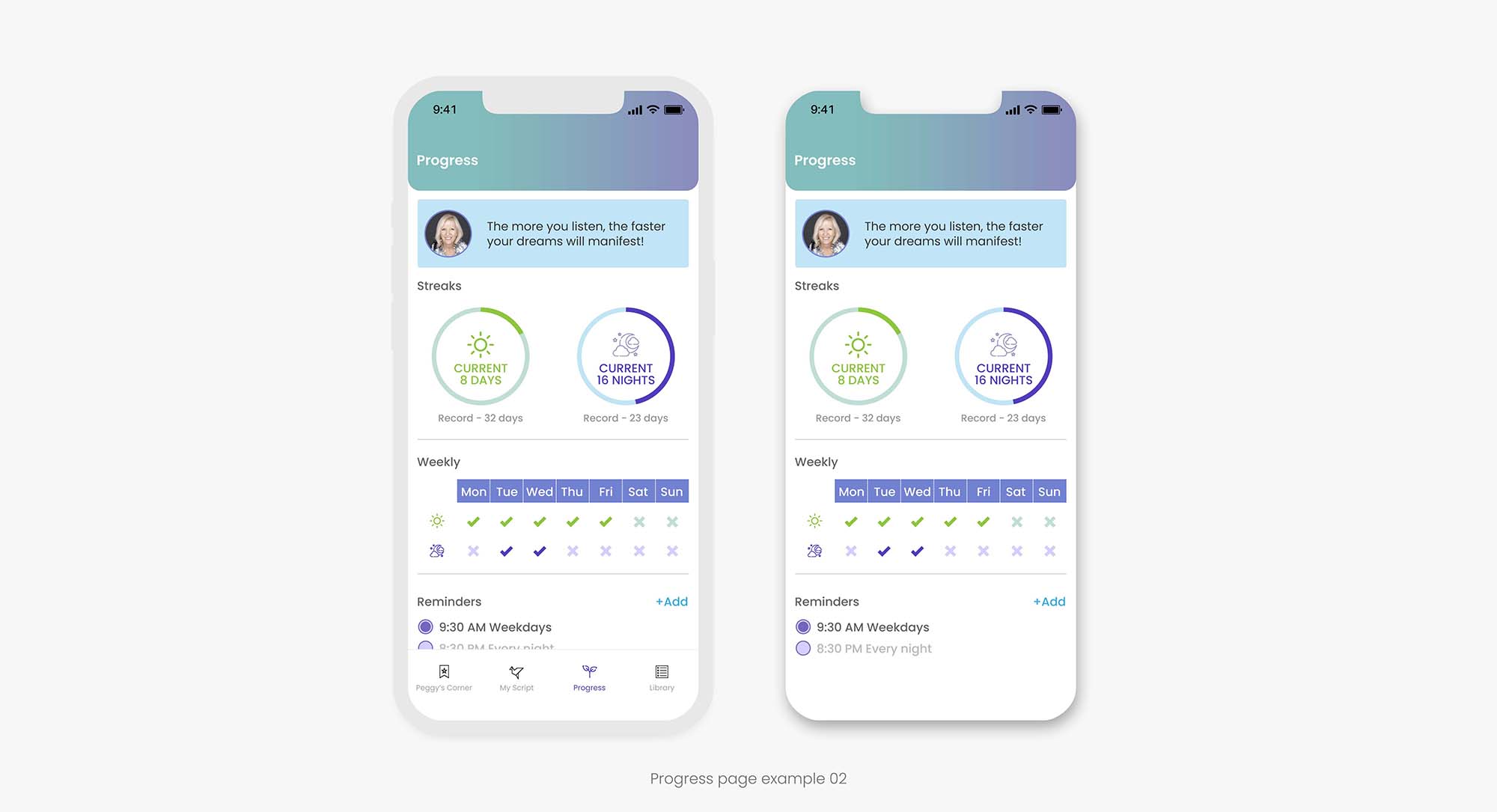 Power Life Script® progress screen showing circular day and night streak indicators, previous records, weekly activity status, and reminder settings.