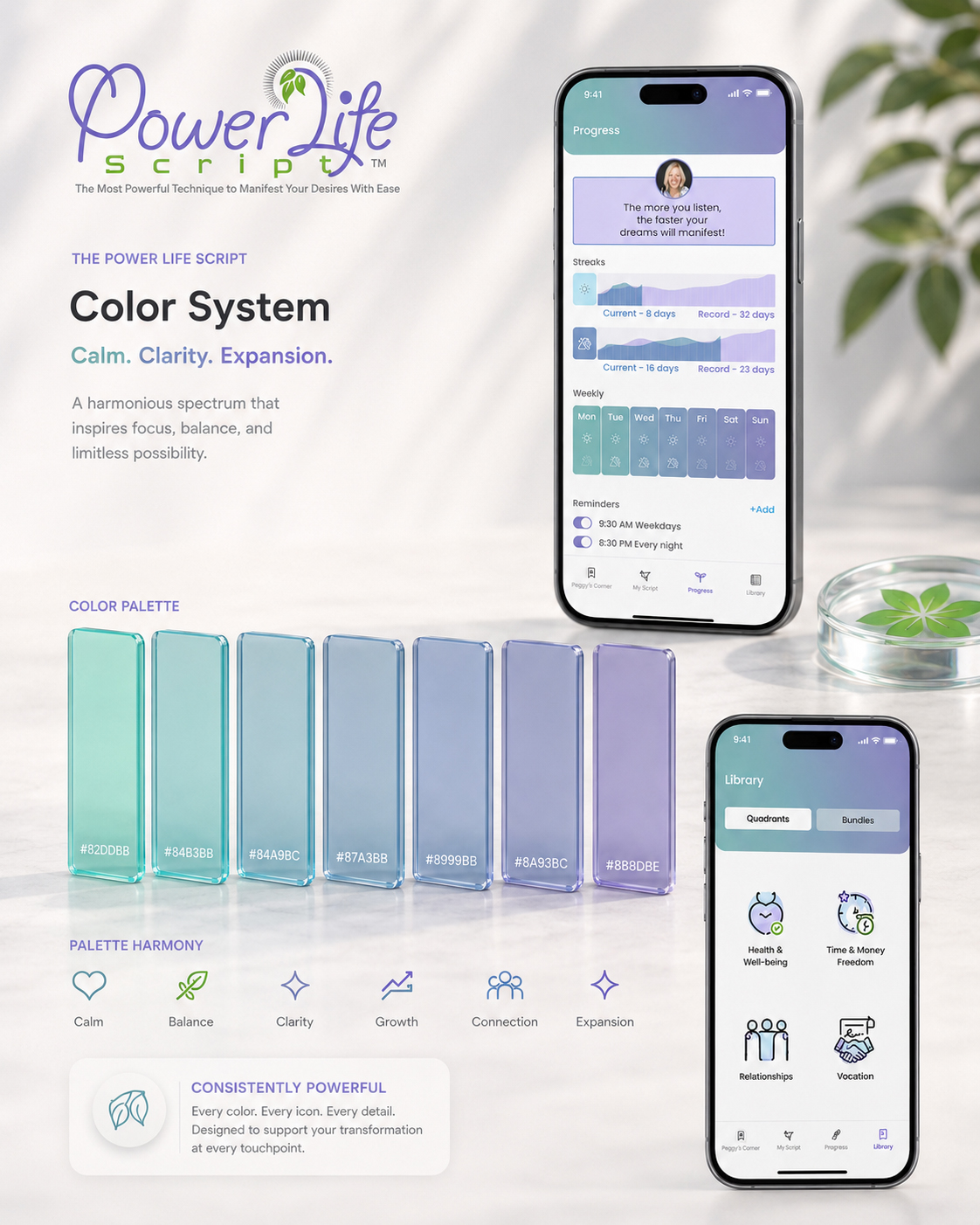 Power Life Script® color system visual showing the interface palette, recurring teal-to-lavender color progression, and final application across the Progress and Library mobile screens.