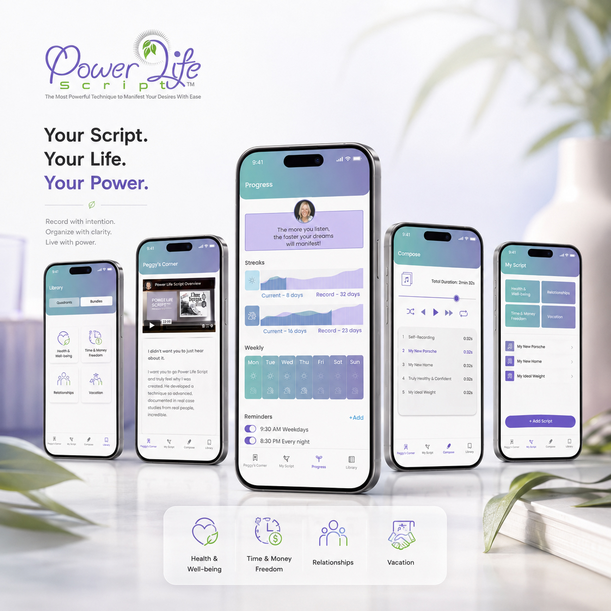 Power Life Script® mobile app presentation showing multiple connected screens for Library, Peggy’s Corner, Progress, Compose, and My Script, organized as one clear and consistent user experience.