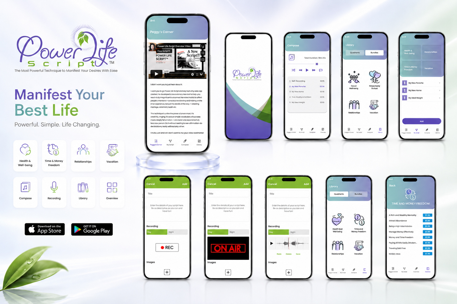 Power Life Script® mobile app overview showing multiple interface screens for content, recording, library categories, personal goals, and digital progress features.