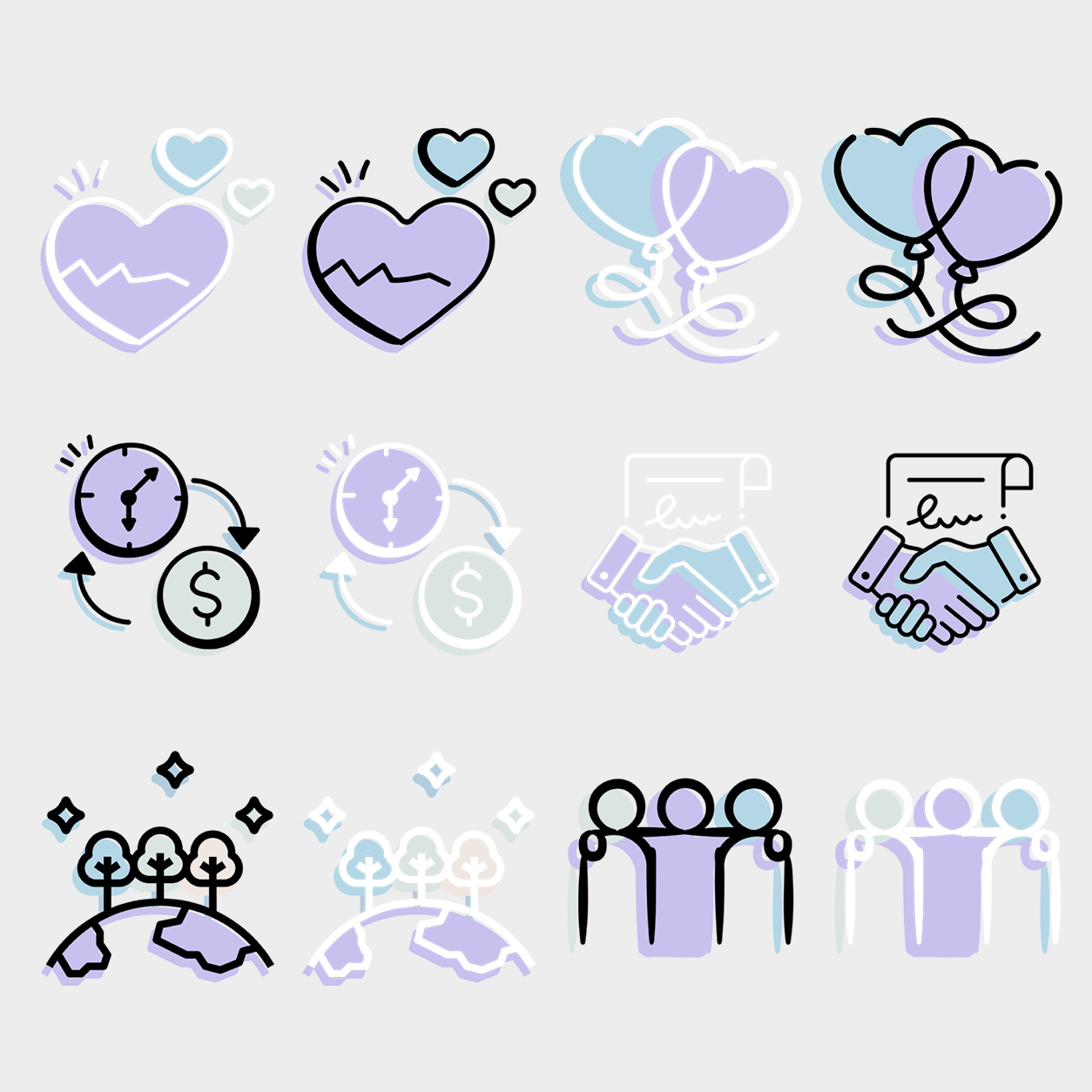 Power Life Script® mobile app iconography showing coordinated symbols for health, relationships, time and money, agreements, growth, and community using a shared line and color system.