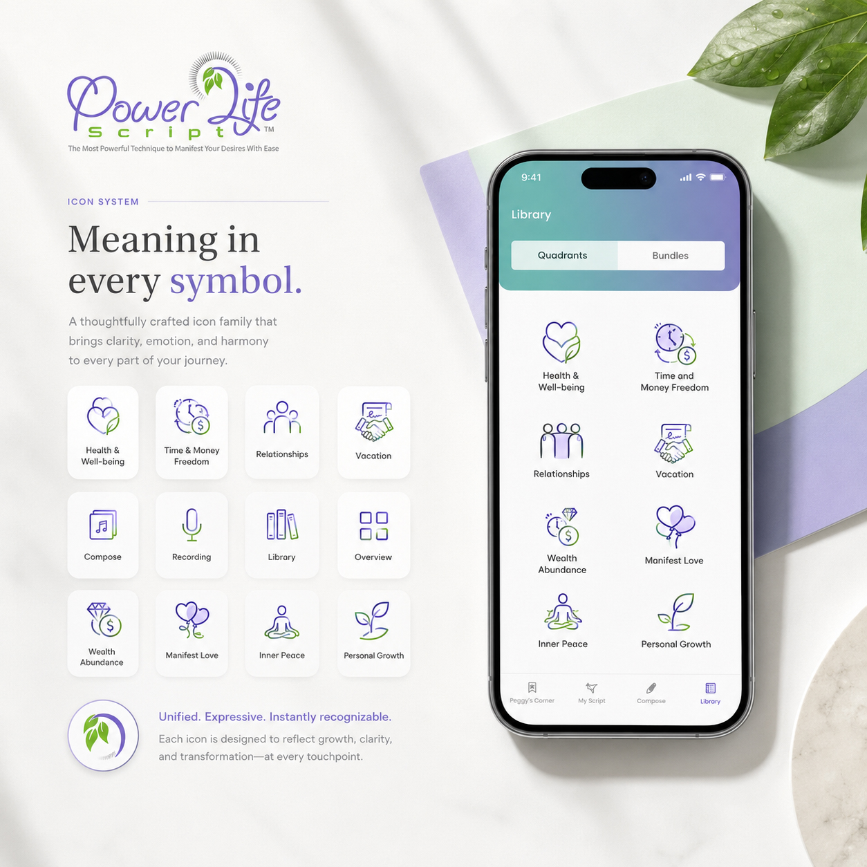 Power Life Script® mobile app iconography system showing coordinated symbols for health, money, relationships, vacation, recording, library, abundance, love, inner peace, and personal growth alongside the final Library interface.