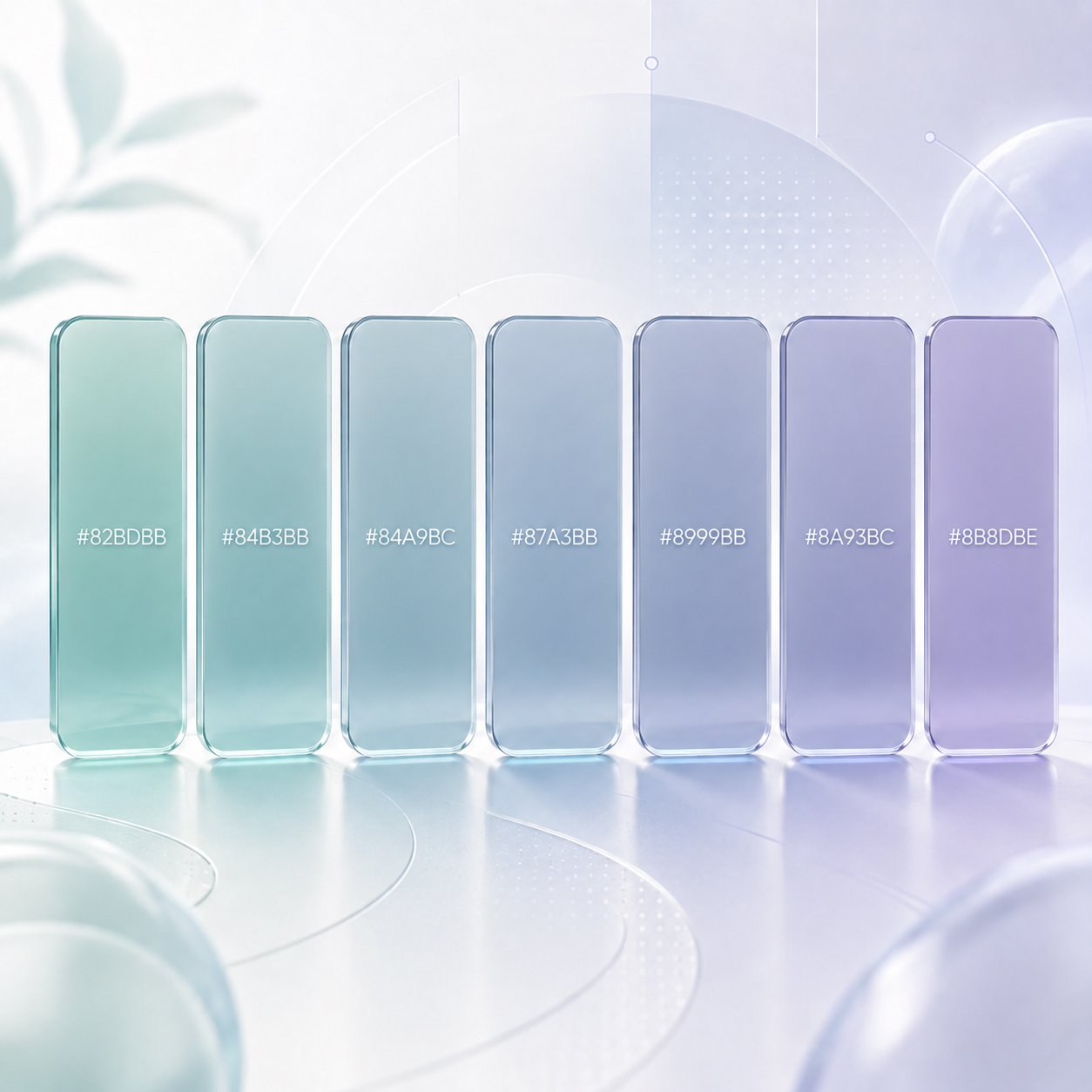 Power Life Script® interface color palette presented as seven translucent teal, blue, and lavender panels with hexadecimal color values.
