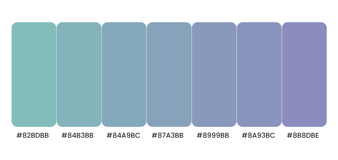 Power Life Script® interface color palette showing seven coordinated teal, blue, and lavender tones with their hexadecimal color values.