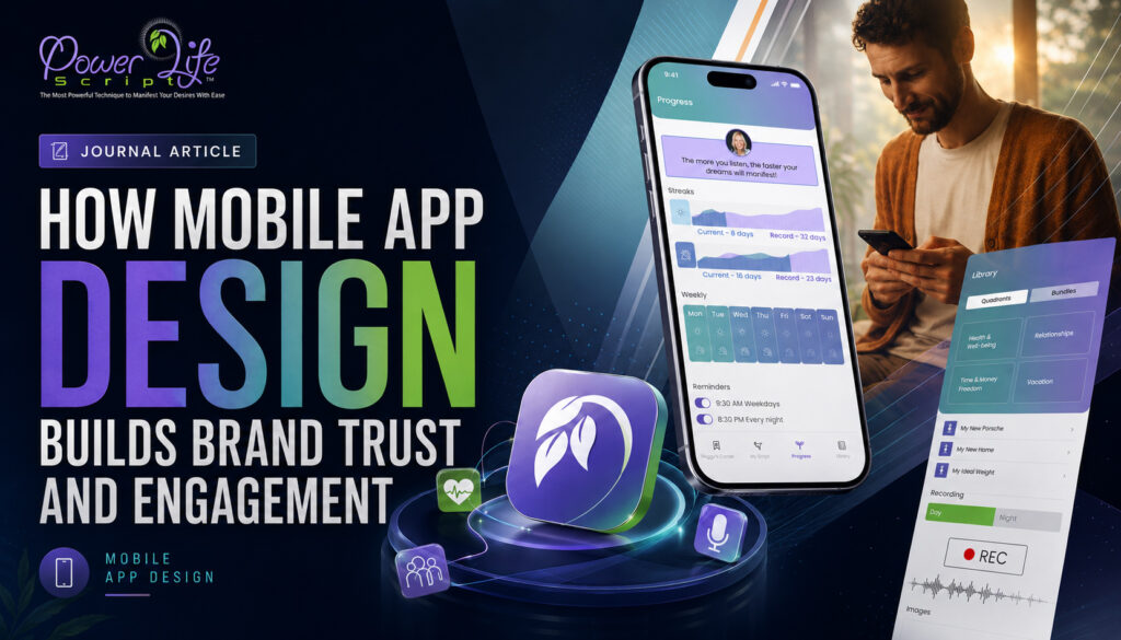 Power Life Script® mobile app presentation with progress and library interfaces, app icon, and a user engaging with the digital experience.