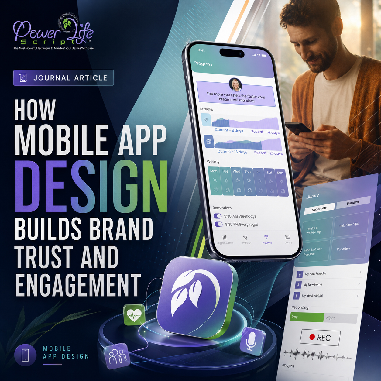 Power Life Script® mobile app design presentation showing progress tracking, library and recording interfaces alongside a user interacting with the app.