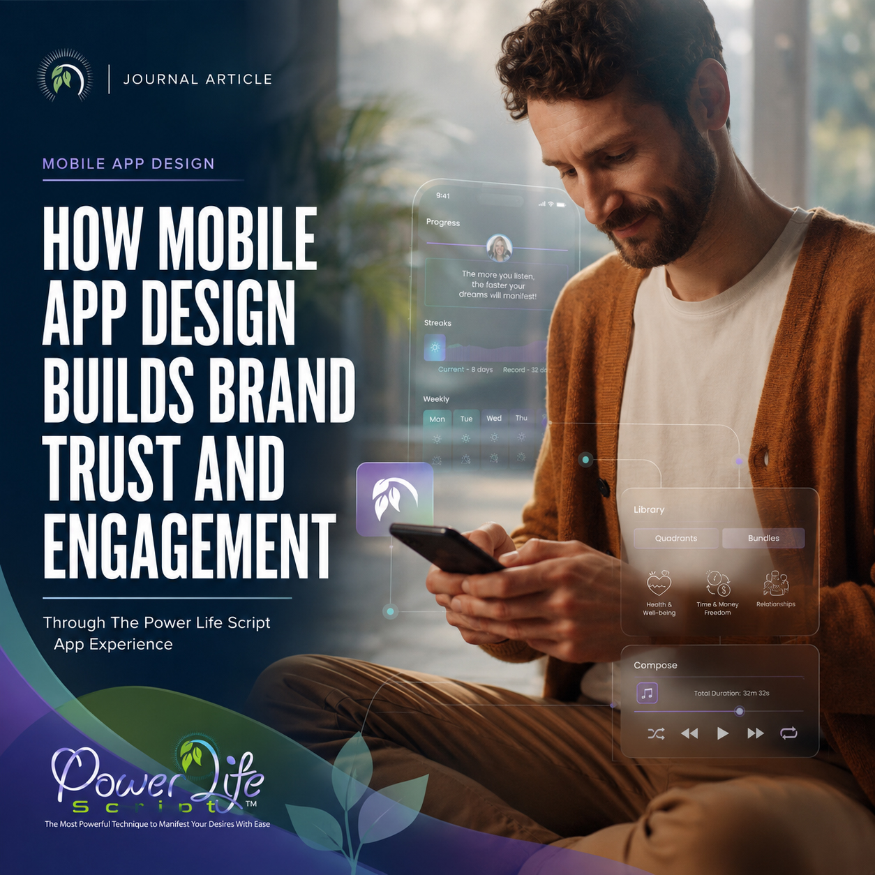 Final Power Life Script® Journal visual showing a man using a smartphone alongside progress, library, compose, and branded mobile interface elements.