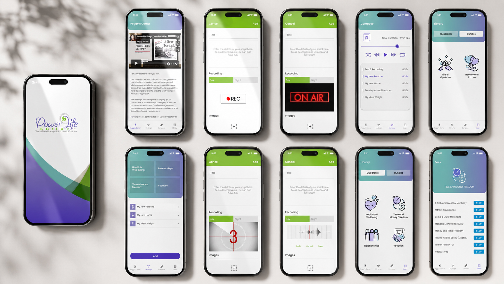 Power Life Script® mobile app interface system showing the final collection of screens for onboarding, content, recording, compose, library, goals, and progress-related functionality.