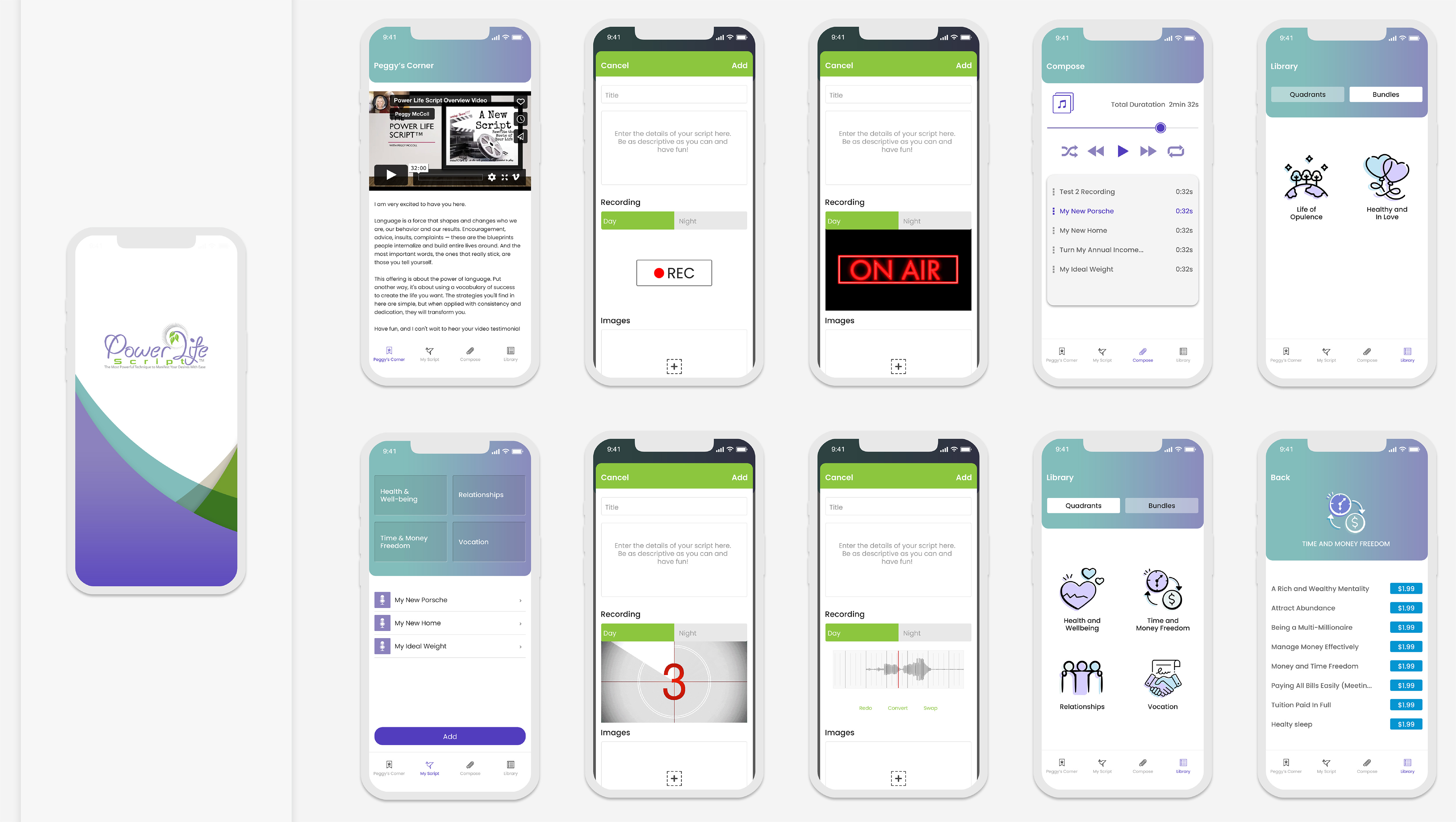 Power Life Script® mobile app interface system showing the final collection of screens for onboarding, content, recording, compose, library, goals, and progress-related functionality.
