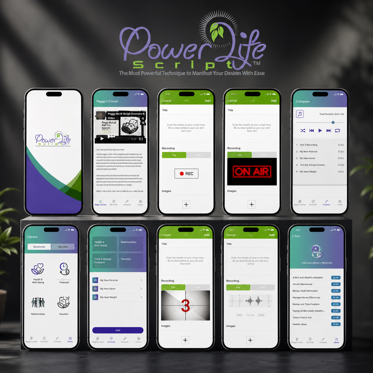 Power Life Script® mobile app screen system showing interfaces for onboarding, content, recording, composition, library access, personal goals, and progress-related functions.