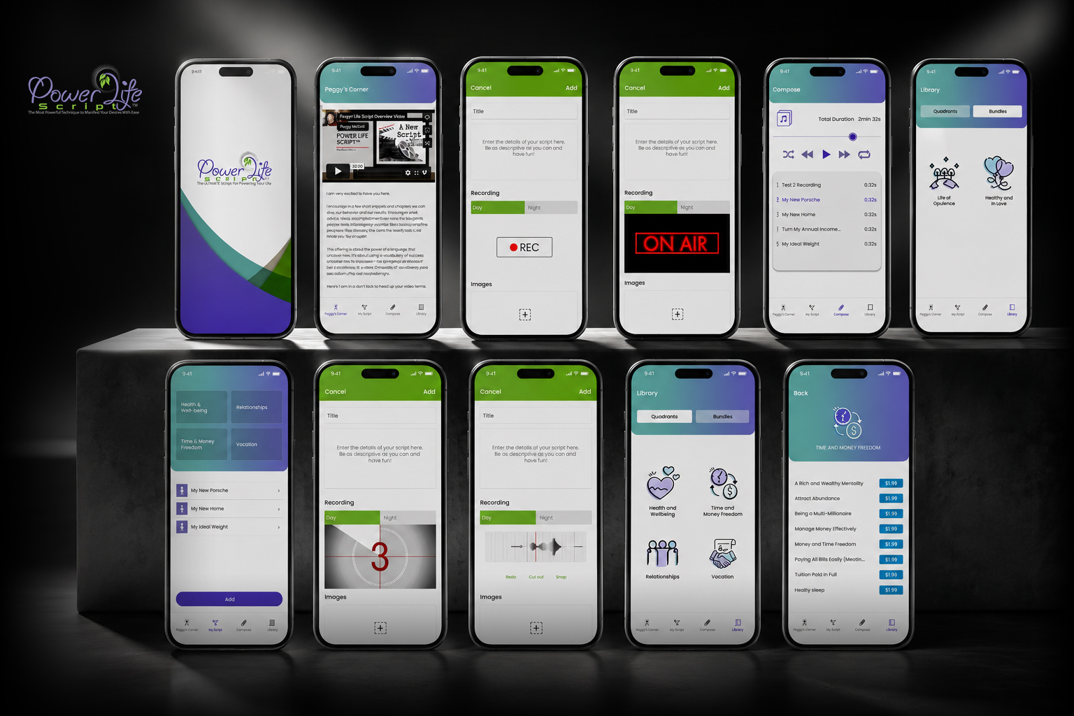 Power Life Script® mobile app screen family presentation showing branded entry, script creation, recording, composition, library access, thematic content, and progress-related functionality within one connected mobile experience.