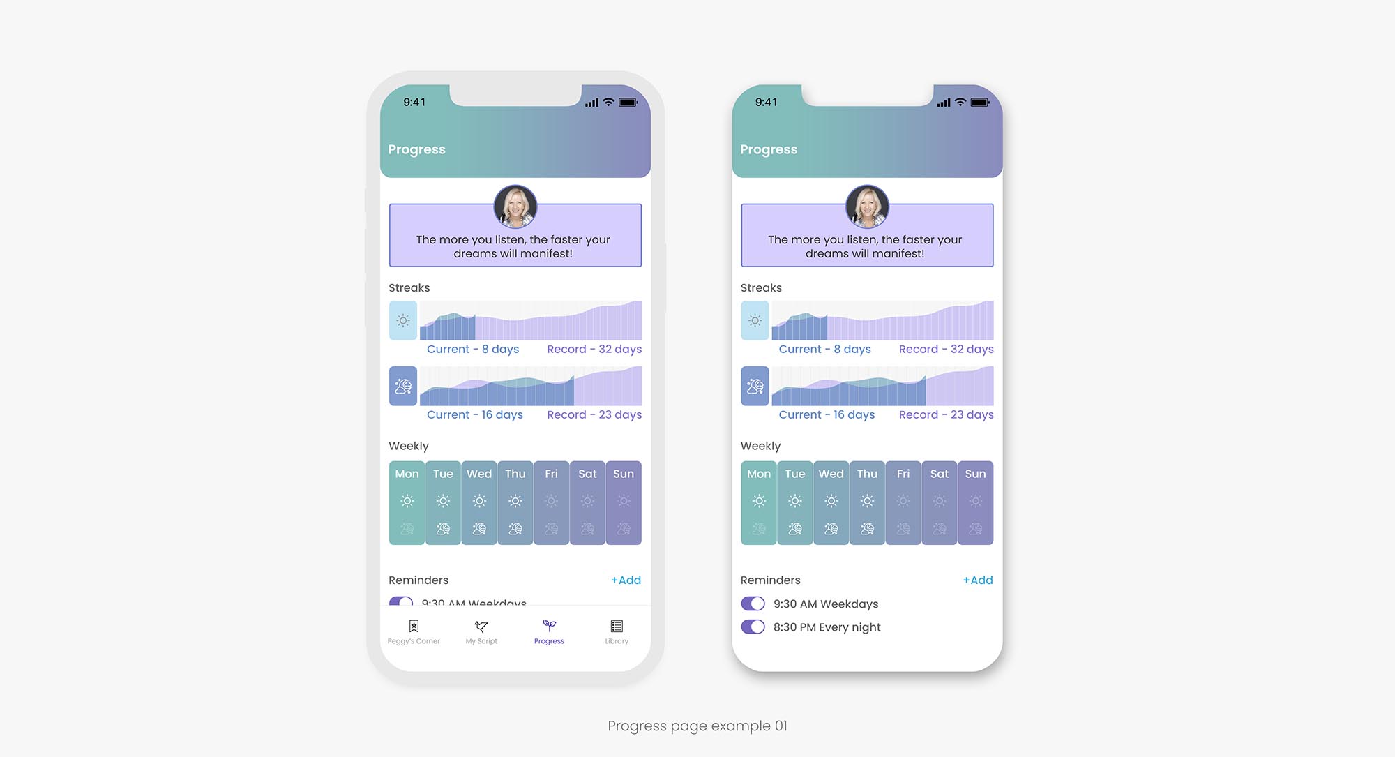 Power Life Script® progress screen showing graph-based day and night activity streaks, current values, previous records, weekly patterns, and reminders.