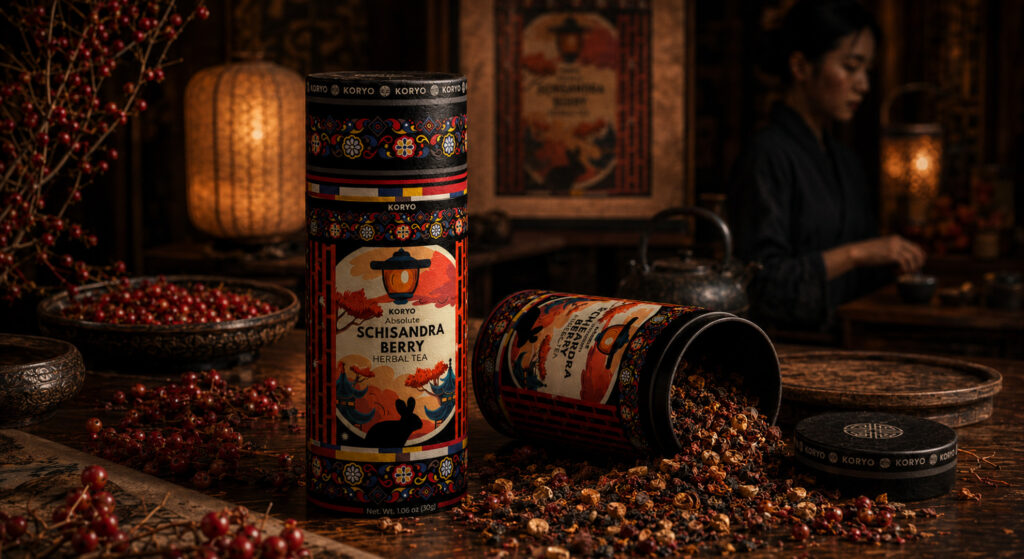 KORYO Schisandra Berry Herbal Tea canisters with loose tea and red berries while a woman prepares tea in the softly focused background.