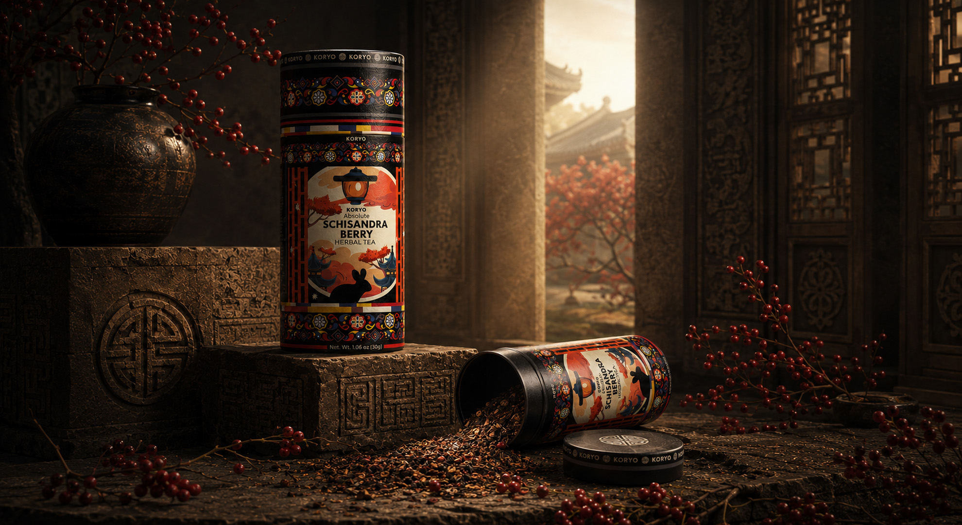 KORYO Schisandra Berry Herbal Tea canisters with loose tea and red berries in a richly detailed Korean-inspired architectural setting.