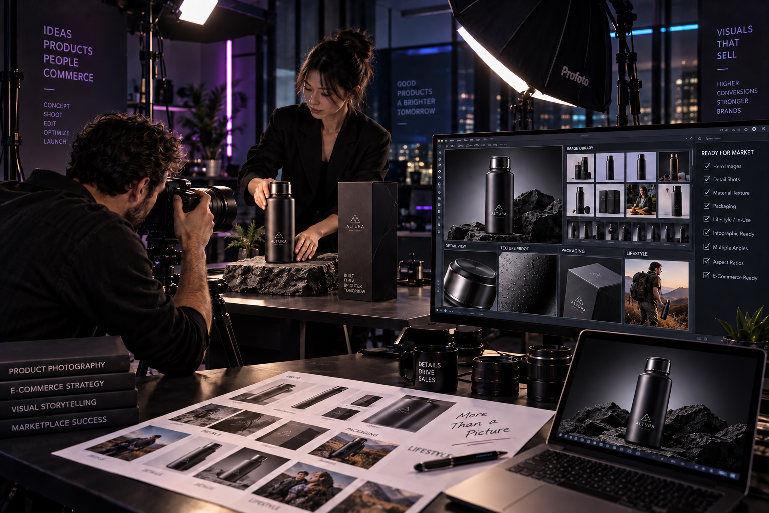 Professional Amazon and e-commerce product photography production with studio lighting, photographer, branded bottle and packaging, detail images, material textures, lifestyle assets, and marketplace-ready visual library.